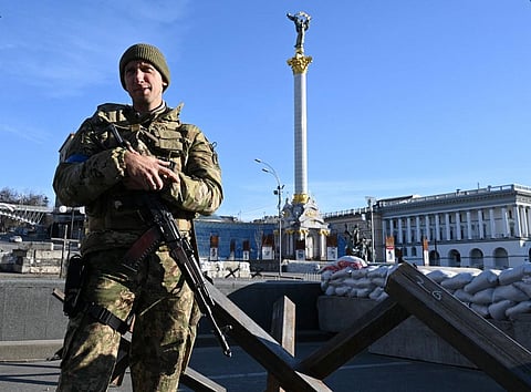 Former Ukrainian tennis star Sergiy Stakhovsky seen while he talks to journalists at Independence Square in Kyiv. (AFP)