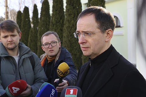 Vladimir Medinsky, the head of the Russian delegation in peace talks with Ukraine, speaks to the media. ( File Photo | AP)