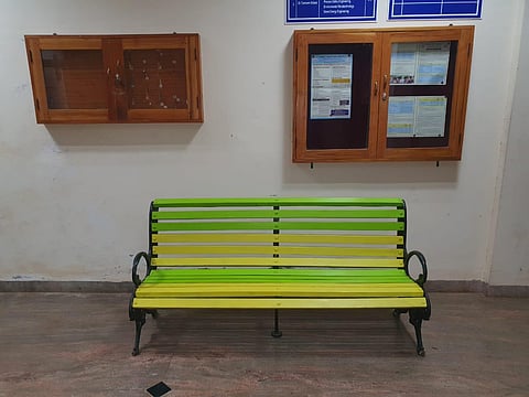 The base material for the chair was plastic waste collected from the Pondicherry University campus, coastal clean-up programme and other sources (Photo | Special arrangement)