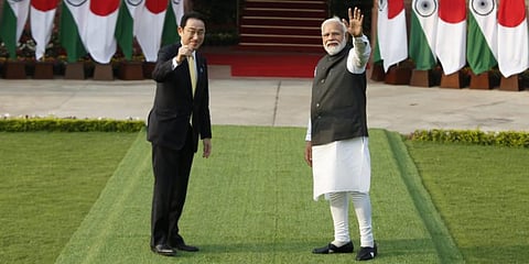 Japan PM Fumio Kishida with PM Narendra Modi at Hyderabad House in New Delhi on Saturday. (Photo | Shekhar Yadav, EPS)