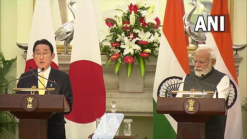 Prime Minister Narendra Modi along with his Japanese counterpart Fumio Kishida on Saturday. (Photo | ANI Twitter)