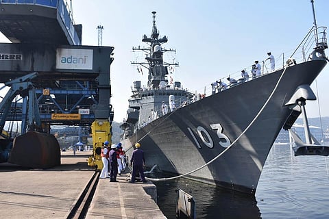 Japanese ship JS Yudachi, a Murasame-class destroyer, getting ready for exercises as a part of MILAN 2022 in Visakhapatnam on Tuesday, March 1, 2022. (Photo | Express)