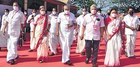 CPM general secretary Sitaram Yechury, CM Pinarayi Vijayan and leaders Brinda Karat, M V Govindan and P K Sreemathi arrive for flag hoisting on the opening day of the four-day state conference at Mari