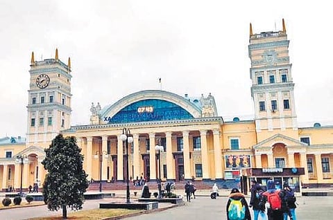 Indian students heading to Kharkiv railway station to catch a train to Lviv on Tuesday. From Lviv, they will move towards the Hungary border
