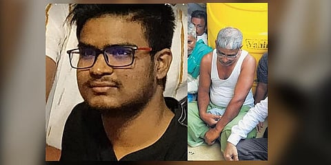 Karnataka student Naveen who lost his life in Russia-Ukraine war and his father Shekhar Gyana Gouda at his residence in Chalageri, Karnataka on Tuesday.