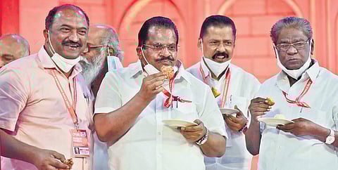 CPM leader E P Jayarajan with Minister K N Balagopal, party secretary M V Govindan, and CPM leader Anathalavattom Anandan enjoying ‘parippuvada’ at the venue of the party state conference. 