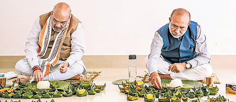 Union home minister Amit Shah and Manipur CM N Biren Singh have lunch during campaign trail at Thoubal district | Pti