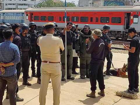 A mock drill to assess emergency preparedness was held at the Yesvantpur railway station on Wednesday morning (Photo | Nagaraja Gadekal)