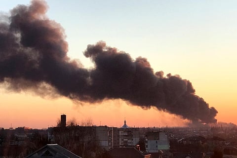 A cloud of smoke raises after an explosion in Lviv, western Ukraine. (Photo | AP)