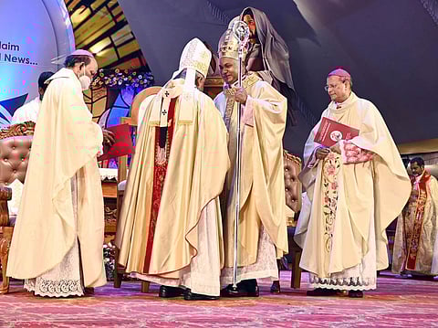 Outgoing Latin Archdiocese of Thiruvananthapuram Archbishop M Soosa Pakiam leads the installation ceremony of his successor Thomas J Netto at St Sebastian’s Ground at Cheru Vettucaud.|Vincent Pulickal