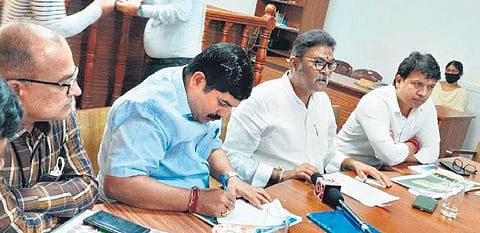 Minister for Tourism, Ecology and Environment Anand Singh (second from right) addresses a press meet in Mangaluru, as MLAs D Vedavyas Kamath and Bharath Shetty, and Jungle Lodges and Resorts Limited M