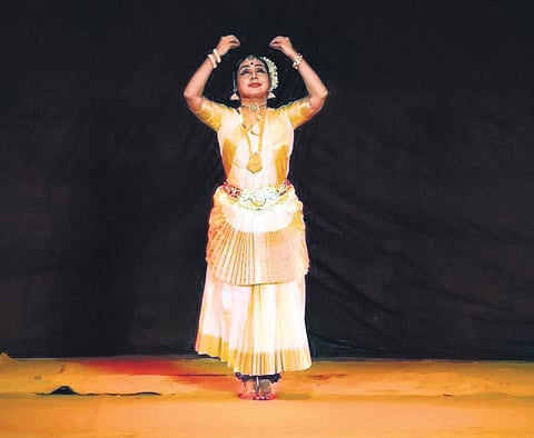Dr Neena Prasad performing  the mohiniyattom at the Government L P  School on Saturday.