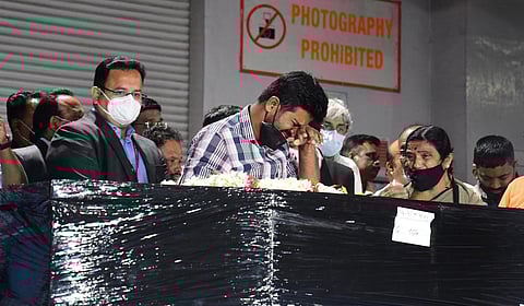 Naveen’s brother breaks down after the body landed at the Kempegowda International Airport in Bengaluru on Monday.