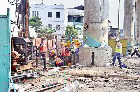 The rectification of the Kochi Metro pillar progressing near Pathadipalam where a minor slant on tracks was detected | Albin Mathew