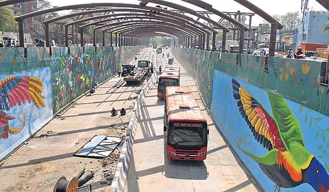 Vehicles pass through the newly built Ashram underpass stretch during a trial run . ( Photo | EPS)