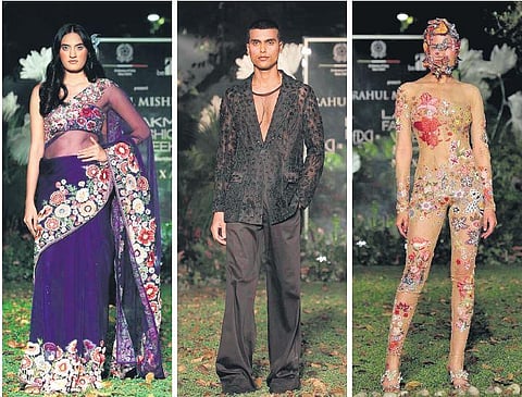Models donning outfits from designer Rahul Mishra’s collection at the FDCI x Lakmé Fashion Week in Delhi on Tuesday. (File Photo)