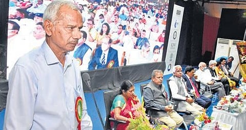 Prof JP Singhal, national president of ABRSM, speaks at a seminar on the National Education Policy 2020 in Tirupati on Tuesday | Madhav K