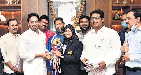 CM YS Jagan Mohan Reddy greets powerlifting champion Sheik Sadiya Almas at his chamber in the Legislative Assembly on Tuesday I Express