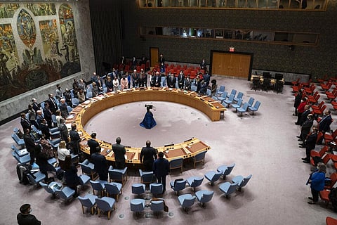 Members of the UN Security Council stand in remembrance of the recently deceased Madeleine Albright, former U.S. Secretary of State, during a meeting before a resolution vote. (Photo | AP)