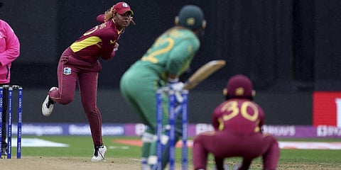 West Indies' Hayley Matthews bowls to South Africa's Mignon du Preez during a Women's World Cup match at the Basin Reserve in Wellington. (Photo| AFP)
