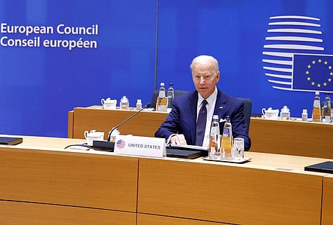 U.S. President Joe Biden attends a round table meeting at an EU summit in Brussels, Thursday, March 24, 2022. (Photo | AP)