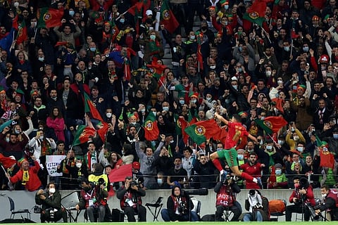 Portugal's Matheus Nunes celebrates after scoring his side's third goal during the World Cup 2022 playoff soccer match between Portugal and Turkey. ( Photo | AP)