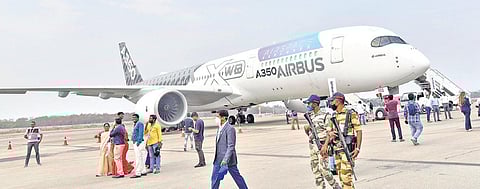 Visitors at Wings India-2022 throng an Airbus A 350, the star attraction at the event that began in Hyderabad on Thursday | RVK Rao