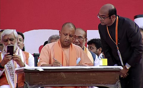 Uttar Pradesh Chief Minister Yogi Adityanath after taking oath during the swearing-in ceremony, at the Atal Bihari Vajpayee Ekana Cricket Stadium in Lucknow on Friday. (Photo | ANI)