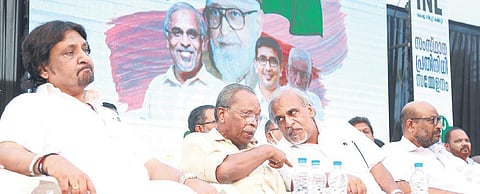 INL state president A P Abdul Wahab (right) with CPI leader T V Balan at the state delegates conference of the INL in Kozhikode on Friday | T P Sooraj