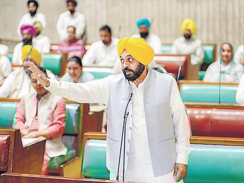 CM Bhagwant Mann addresses the Punjab Vidhan Sabha session on Tuesday | PTI