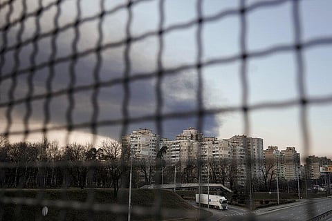 Heavy smoke billows after a Russian bombardment on the outskirts of Kyiv, Ukraine, Friday, March 25, 2022. (Photo | AP)