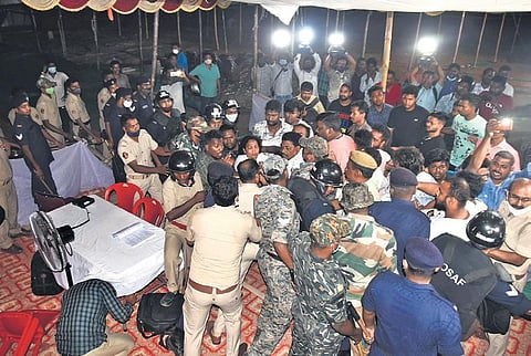 People clash with police at BJB college on Friday  | Express