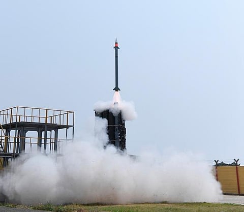 Army version of MRSAM being test fired from ITR off Odisha coast on Sunday. (Photo | Special Arrangement)