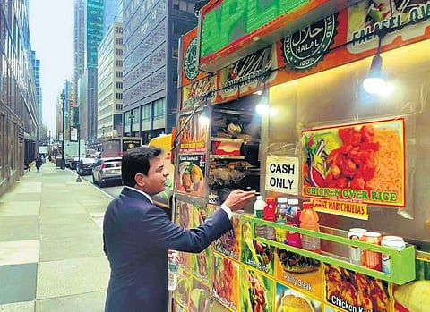 IT Minister K T Rama Rao lines up at a street food stall in NY for a snack