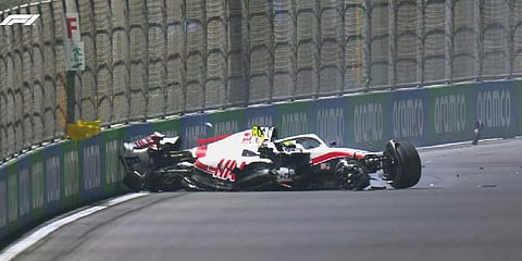 Mick Schumacher suffered a horror crash , later he acknowledged that he is alright.(Photo | Twitter)