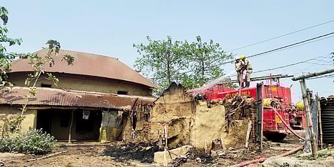 Firemen douse the fire at the incident site where several houses were allegedly set on fire leaving eight people dead, at Rampurhat, in Birbhum. (File Photo| ANI)