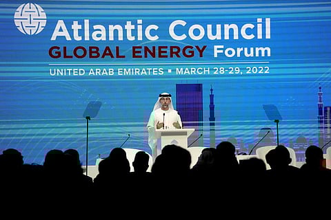 United Arab Emirates Energy Minister Suhail al-Mazrouei speaks during the Atlantic Council's Global Energy Forum at the Dubai Expo 2020. (Photo | AP)