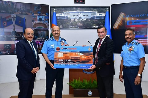 IAF Chief ACM VR Chaudhari, and Mr SM Vaidya, Chairman IOCL holding the Card. (Photo | IAF)