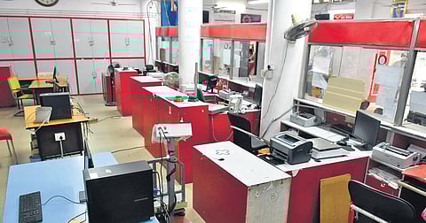 A post office in Vijayawada wears a deserted look as employees join the 2-day Bharat Bandh on Monday | Prasant Madugula
