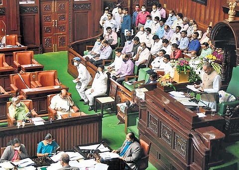 The Assembly session in progress at Vidhana Soudha in Bengaluru on Monday