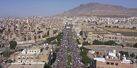 Houthi supporters attend a rally marking the seventh anniversary of the Saudi-led coalition's intervention in Yemen's war in Sanaa, Yemen, Saturday, 26 March, 2022.(Photo | AP)