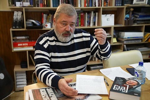 Novaya Gazeta editor Dmitry Muratov speaks during an interview with The Associated Press at the Novaya Gazeta newspaper, in Moscow. (Photo | AP)