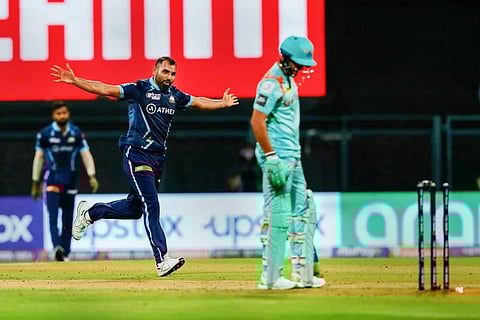 Mohammad Shami of Gujarat Titans celebrating the wicket of Manish Pandey of Lucknow Super Giants during the fourth T20 cricket match of the Indian Premier League 2022. (Photo | PTI)