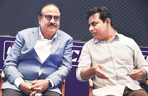 Telangana IT Minister KT Rama Rao shares a lighter moment with Bharat Biotech CEO Krishna Ella during Telangana CII’s Annual Session & Leadership Summit Conference (Photo | EPS, RVK Rao)