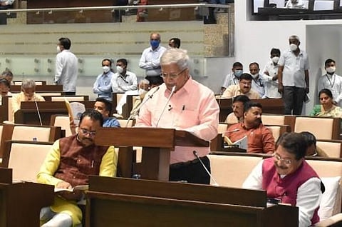 Finance Minister Kanubhai Desai preseting the budget in the assembly on Thursday. (Photo | EPS)