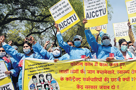 Contractual health workers, who said their contracts were not renewed, in front of the Secretariat on Tuesday | Kabir Jhangiani