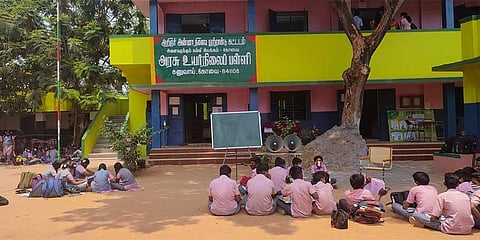 Government school in Coimbatore district runs out of desks and benches, students attend classes under trees