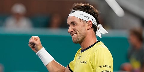 Casper Ruud, of Norway, celebrates after defeating Alexander Zverev, of Germany, during the Miami Open tennis tournament. (Photo| AP)