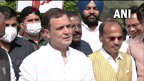 Congress party is holding nationwide protests on fuel price hike issue on Thursday. Congress MP Rahul Gandhi protesting, in Delhi. (Photo | ANI Twitter)