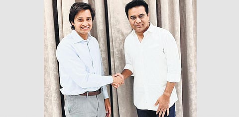 ArcelorMittal Chief Executive Officer Aditya Mittal with IT Minister KT Rama Rao in Hyderabad on Wednesday.. ( Photo | Twitter,@KTRTRS)